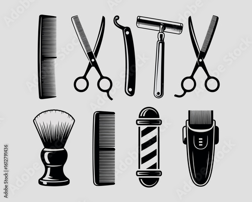 Vintage barber tools collection with scissors comb razor shaving brush and pole