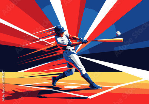 Stylized baseball batter swings powerfully, hitting the ball against a red, white, and blue background.