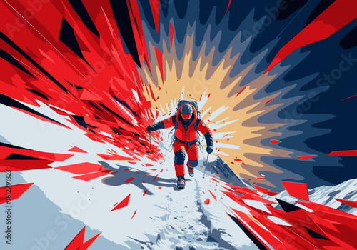 A dynamic illustration of a mountaineer on a snowy slope with a dramatic, explosive red and blue background.