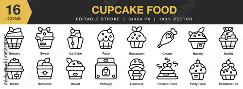 Cupcake Food icon set. Editable Stroke Icon Collection. Includes cupcake, dessert, sweet, frosting, icing, and More. Outline icons vector collection.