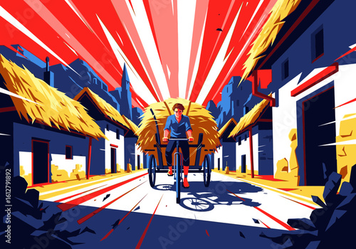 A cyclist transports a large load of hay on a cart through a village in a dynamic graphic style.