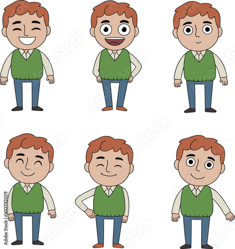 Cartoon Male Character with Different Facial Expressions – Emotional Variations for Animation, UI Design, Explainer Videos, and Lifestyle Projects
