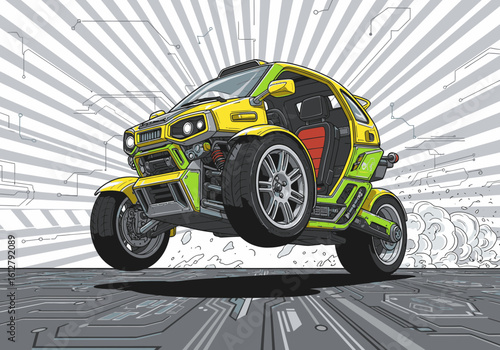 A futuristic yellow and green three-wheeled car jumps into the air above a digital circuit board road.