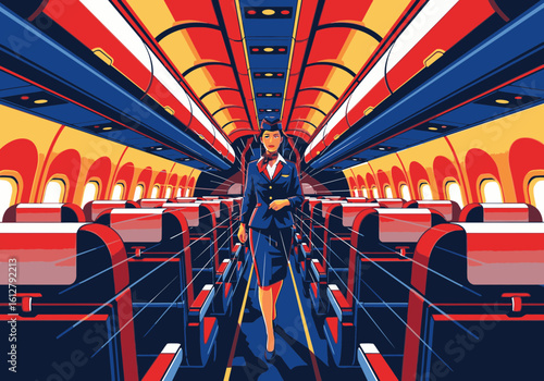 Stewardess walking down the aisle of an airplane cabin, stylized illustration.
