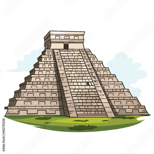 Cartoon depiction of the iconic Chichen Itza pyramid on green grass