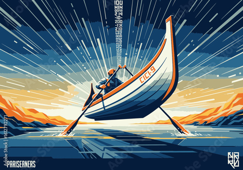 A lone rower propels a slender boat across a serene, sun-drenched lake, dynamic lines radiating from the vessel.