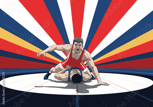 Two wrestlers in a dynamic, competitive match with bold, colorful background.