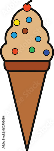Delicious chocolate dipped vanilla ice cream cone adorned with vibrant rainbow candy sprinkles
