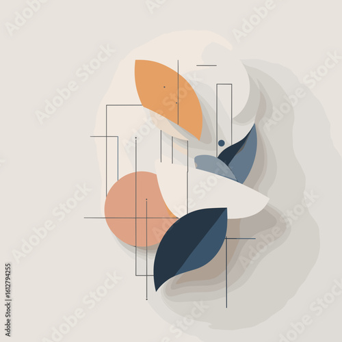Abstract composition with geometric shapes and leaves in soft colors  