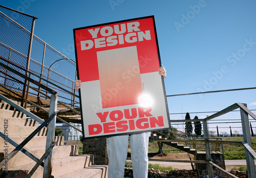 Mockup Of Man Holding Vertical Customizable Framed Artwork Over Face
