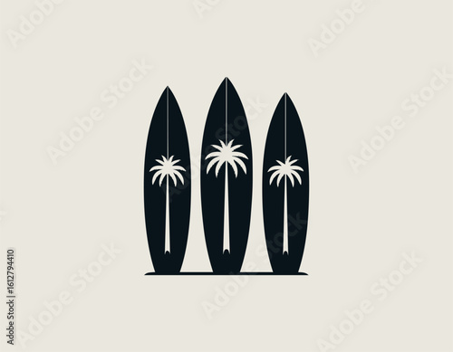 Stylized dark blue surfboards with white palm tree silhouettes for a tropical aesthetic. Summer sport concept