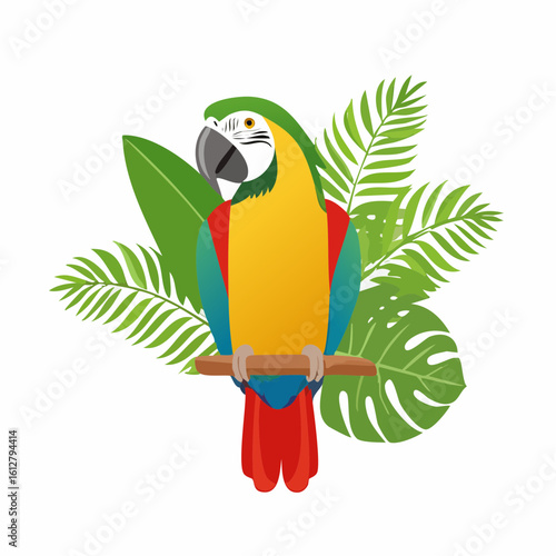 Colorful Macaw Parrot Perched on a Branch with Tropical Foliage Illustration