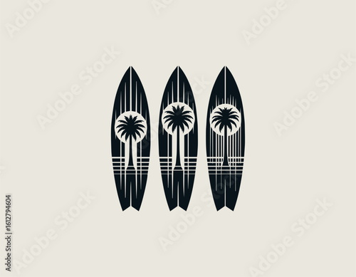 Stylized dark blue surfboards with white palm tree silhouettes for a tropical aesthetic. Summer sport concept
