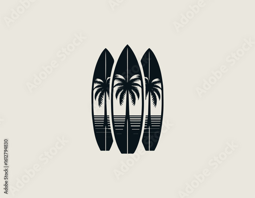 Stylized dark blue surfboards with white palm tree silhouettes for a tropical aesthetic. Summer sport concept
