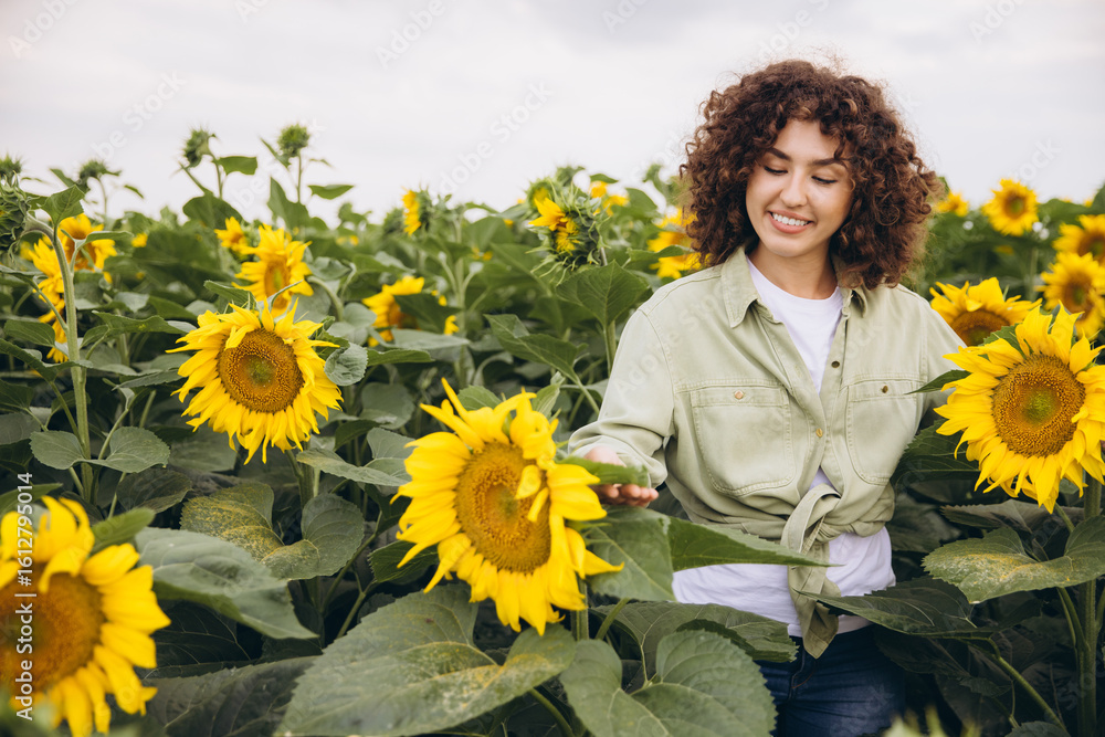 Agronomist woman checking sunflowers in a field Agronomist woman checking sunflowers in a field