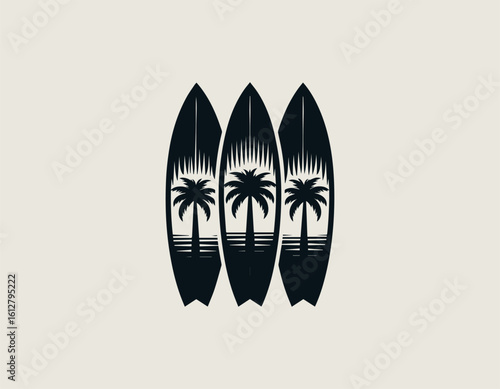 Stylized dark blue surfboards with white palm tree silhouettes for a tropical aesthetic. Summer sport concept