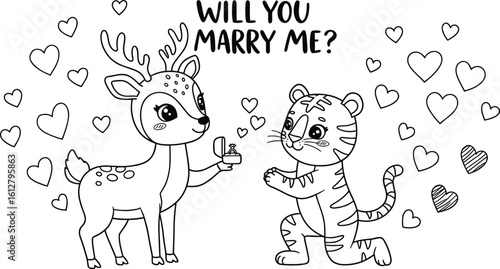 Cute Deer Proposing to Tiger with Engagement Ring – Romantic Animal Characters, Love Scene, Valentine’s Day Marriage Proposal Illustration