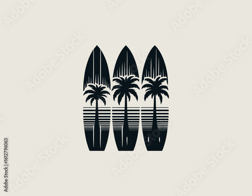 Stylized dark blue surfboards with white palm tree silhouettes for a tropical aesthetic. Summer sport concept