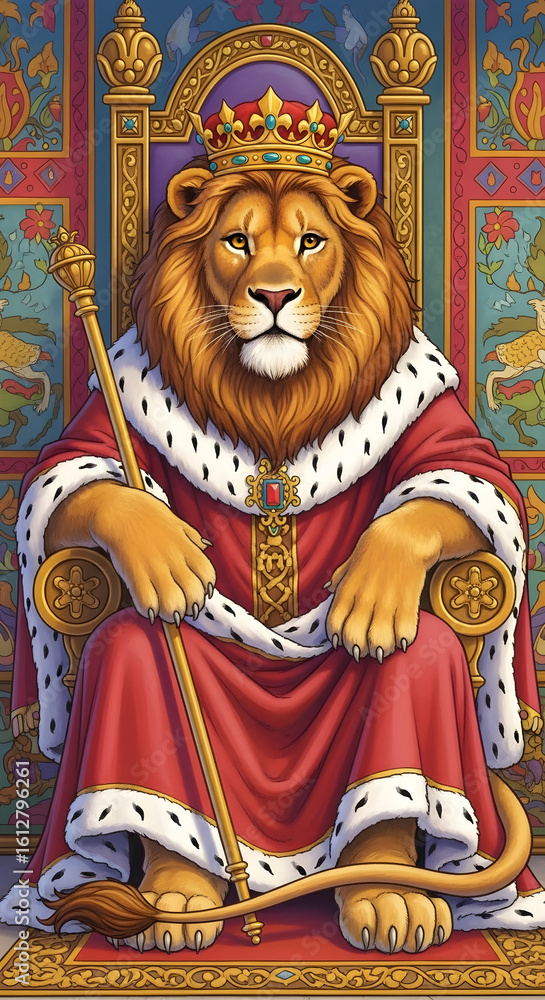 Obraz premium Majestic lion king regally seated on ornate throne, holding scepter.