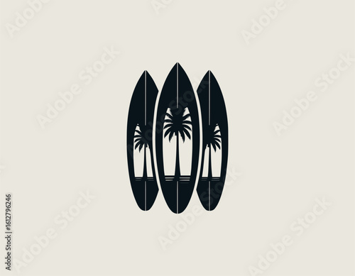 Stylized dark blue surfboards with white palm tree silhouettes for a tropical aesthetic. Summer sport concept