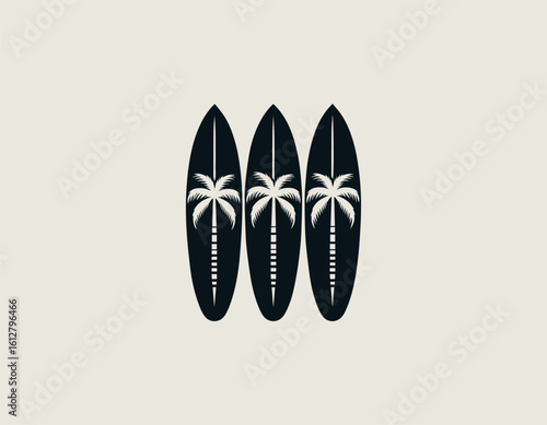 Stylized dark blue surfboards with white palm tree silhouettes for a tropical aesthetic. Summer sport concept