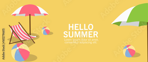Summer holiday on sea and sand beach poster banner design, hello summer Minimalist background with palm leaves cards balls, umbrella, fun concept design for sale, post template.