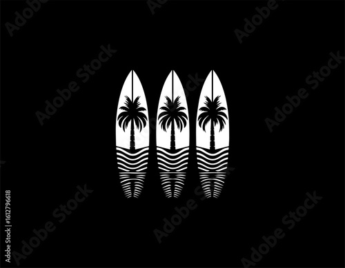 Stylized dark blue surfboards with white palm tree silhouettes for a tropical aesthetic. Summer sport concept