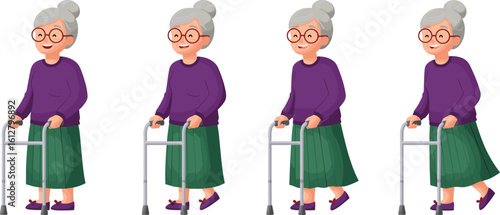 Elderly Woman Cartoon Character Using Walker – Senior Lady in Daily Life Pose for Healthcare, Animation, and Lifestyle Illustrations