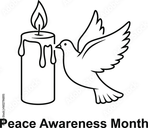 Vector art of a serene image of a dove beside a lit candle symbolizes peace awareness month, 
