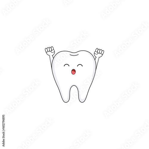 Cheerful cartoon tooth character celebrating victory dental hygiene concept