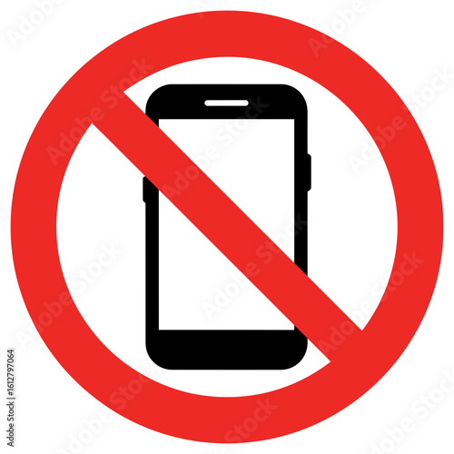 No cell phone use sign. Red prohibition symbol over a smartphone illustration.
