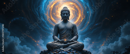 Serene Buddha Statue in Cosmic Nebula with Blue and Gold Light