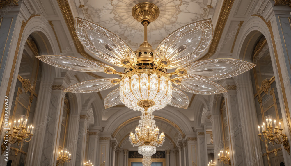 Fototapeta premium Stunning crystal chandelier illuminates a grand ballroom with ornate details and sparkling reflections, creating an atmosphere of luxury and timeless elegance for upscale events