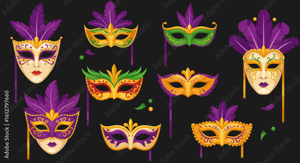 Naklejka premium Illustrated collection of ornate festival masks in purple, green, and gold, decorated with feathers and beads for a vibrant celebration.