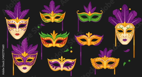 Illustrated collection of ornate festival masks in purple, green, and gold, decorated with feathers and beads for a vibrant celebration.