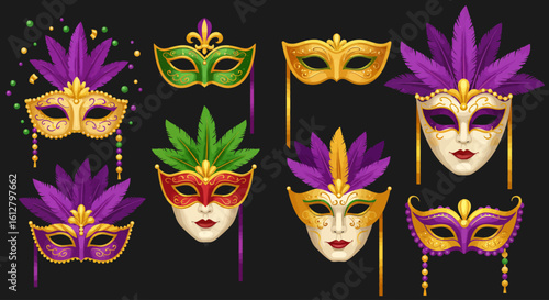 A vibrant collection of ornate carnival masks with feathers and glitter, perfect for a festive masquerade celebration