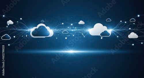 Futuristic digital cloud network connecting data and information across a dark blue background with glowing lights