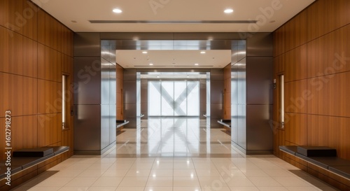 Modern luxury hotel lobby entrance with polished marble floors and wood paneling
