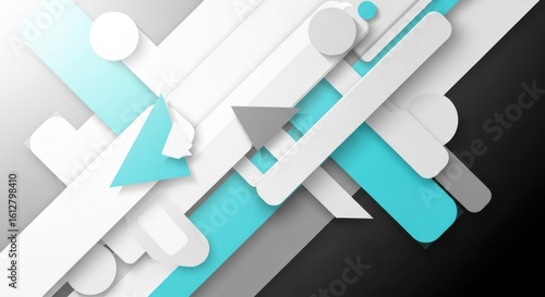 Modern abstract geometric background with overlapping white and teal shapes on a gradient dark background