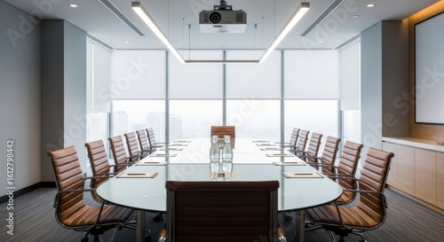 Modern oval conference room with large table and chairs ready for a meeting