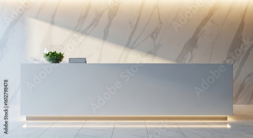 Modern minimalist reception desk with subtle lighting and a small potted plant