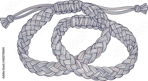 Vector art of two intricately woven friendship bracelets are displayed, showcasing a handmade design and decorative style, isolated on white background