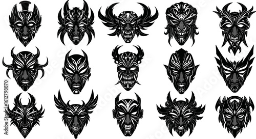 Set of intricate demonic fantasy masks. A collection of warrior head illustrations with ornate tribal patterns concept.