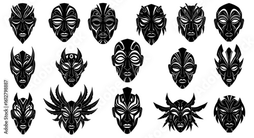 Set of vibrant masquerade masks decorated with feathers for a carnival festival. Illustration in traditional festive colors.
