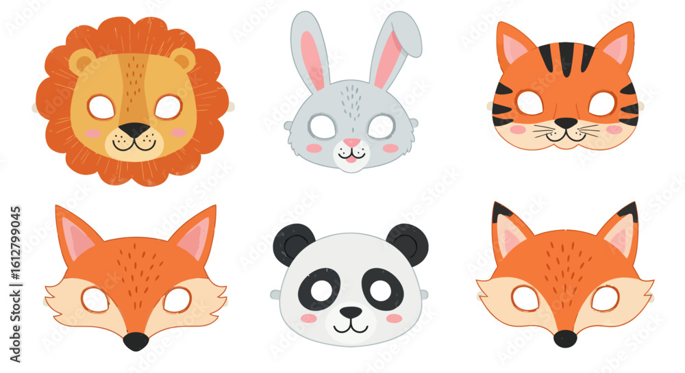Fototapeta premium Cute animal masks for kids. Vector set of lion, rabbit, tiger, fox, and panda faces for a fun carnival or birthday party costume.