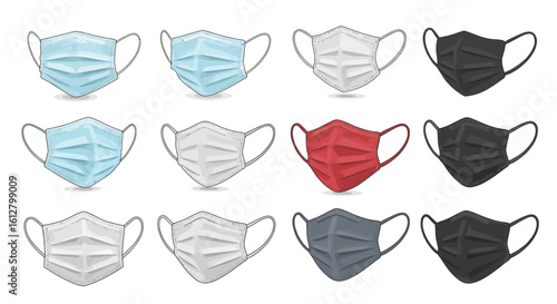 Greyscale illustration set of diverse masks, including Venetian carnival, medical face covering, and fantasy character helmets.