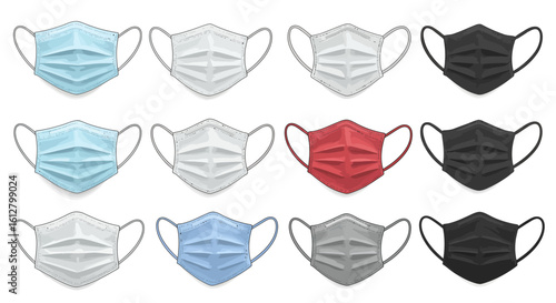 A collection of colorful medical face masks for virus protection. Realistic 3D illustration set isolated on a white background.