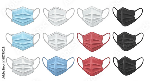 A realistic collection of multi-colored medical face masks for health and safety. Concept of disease prevention and personal hygiene.