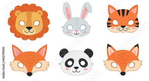 Cute animal masks for kids. Vector set of lion, rabbit, tiger, fox, and panda faces for a fun carnival or birthday party costume.