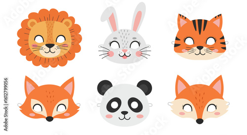 A vibrant set of illustrated animal face masks perfect for a kids' party or carnival. This collection features a lion, tiger, rabbit, fox, and panda.